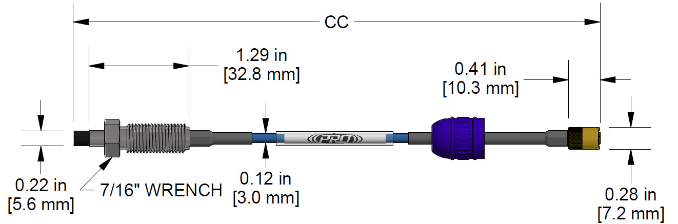 A dimension drawing of a Reverse Mount CTC PRO Line Hazardous-Area Approved DP1009 proximity probe.